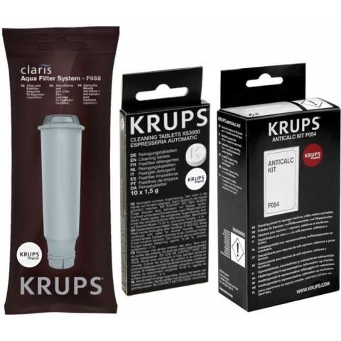 Filtre Krups Claris F088, pastilles de nettoyage KRUPS XS3000 et détartrant KRUPS ANTICALC KIT F054 Filtre Krups Claris F088, pastilles de nettoyage KRUPS XS3000 et détartrant KRUPS ANTICALC KIT F054