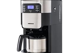 Machine à café MEDION avec broyeur et thermos (minuterie, 1 litre, 900 watts, broyeur de grains de café, 8 réglages de mouture, affichage LED, anti-goutte, cruche à vide, MD19777)