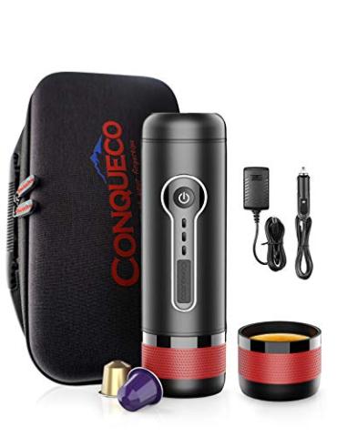 CONQUECO Machine a Cafe Portable, Expresso Capsule Cafetiere, 12V Chauffage Electrique, Parfait pour la Voiture et le Camping, (Compatible avec les Capsules Nespresso Orignal)