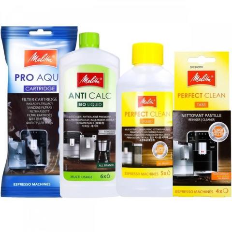 KIT DENTRETIEN DE LA MACHINE MELITTA : FILTRE À EAU / DÉTARTRANT 250 ML / NETTOYANT CIRCUIT DU LAIT / TABLETTES DE NETTOYAGE