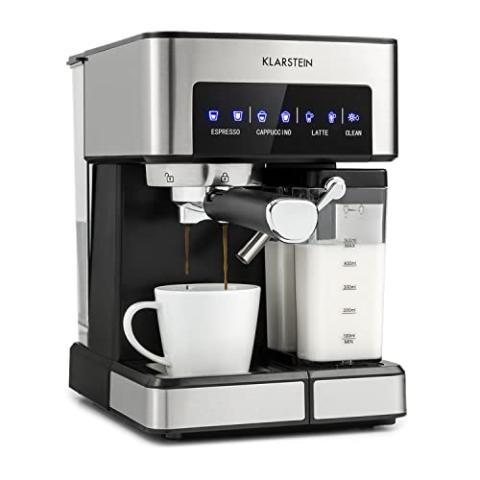 Klarstein Cafetiere avec Mousseur de Lait, Cafetières 1.8L, Machines à Café et Machines à expresso 20 Bar, Petite Cafetière Electrique Acier Inoxydable 1350W Café Moulu, Machine a Cafe Qualite Barista