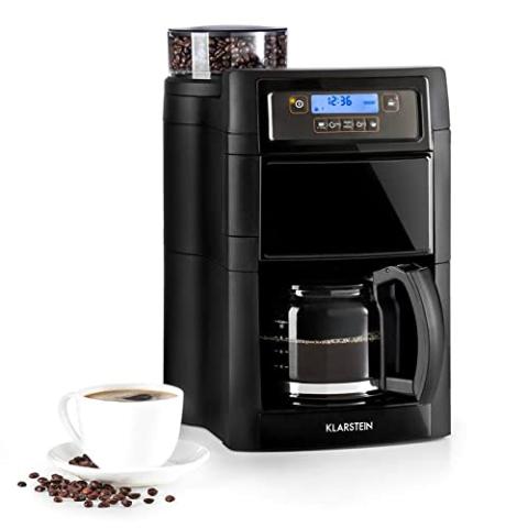 KLARSTEIN Machine a Cafe Grain, Cafetiere a Grain avec Broyeur 1000W, Minuterie et Filtre à charbon actif, 5 Niveaux de Mouture, 10 Tasses, Cafetière à Grain Expresso, Machines à Café Automatiques