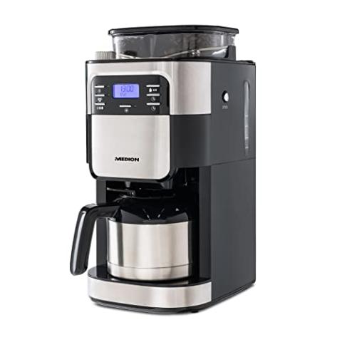 Machine à café MEDION avec broyeur et thermos (minuterie, 1 litre, 900 watts, broyeur de grains de café, 8 réglages de mouture, affichage LED, anti-goutte, cruche à vide, MD19777)