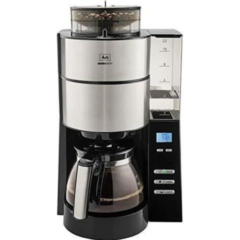 Melitta AromaFresh, Noir/Acier Brossé, 1021-01, Cafetière Filtre Avec Moulin Intégré, Verseuse en Verre, Fonction Timer, Niveau de