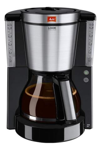 Melitta Cafetière à Filtre avec Verseuse en Verre, Sélecteur d'Arôme, Look DeLuxe, Noir/Acier Brossé, 1011-06