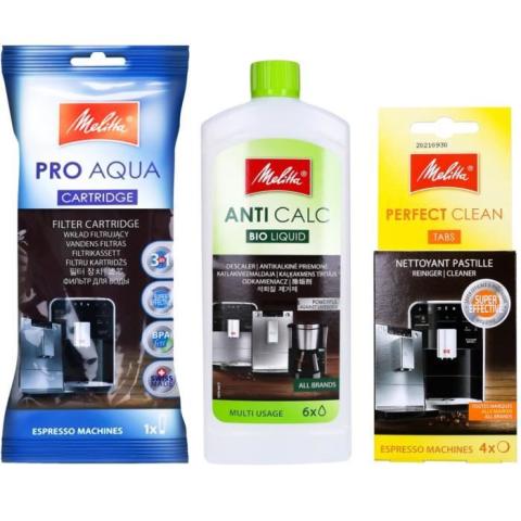 Melitta Ensemble de machines à espresso Filtre à eau Pro Aqua 1x, Détartrant liquide Anticalc Bio 250ml 1x, Onglets Perfect Clean