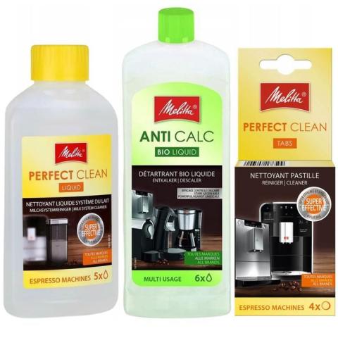 Melitta Perfect Clean x4 tablettes de nettoyage + Melitta Perfect Clean liquide 250ml + Melitta AntiCalc BIO Détartrant liquide Melitta Perfect Clean x4 tablettes de nettoyage + Melitta Perfect Clean liquide 250ml + Melitta AntiCalc BIO Détartrant liquide