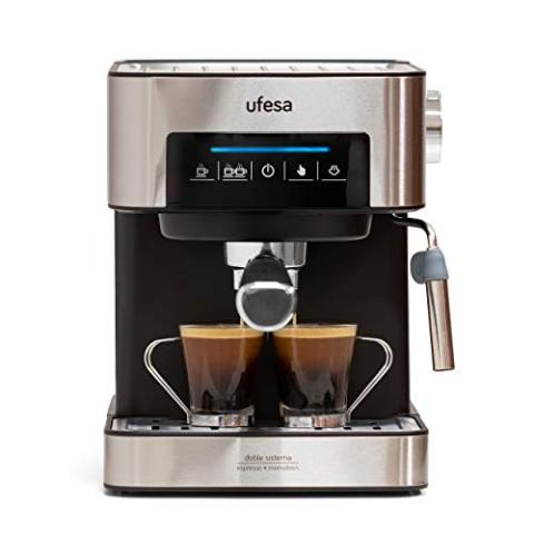 Ufesa CE7255 Machine à Café Expresso et Cappuccino, Écran Tactile, Buse Vapeur, 20 Bars, 2 Modes: Café Moulu ou à Dose Unique, Réservoir d'1.6L, Plateau Réchauffe-Tasses, 850W, Inox